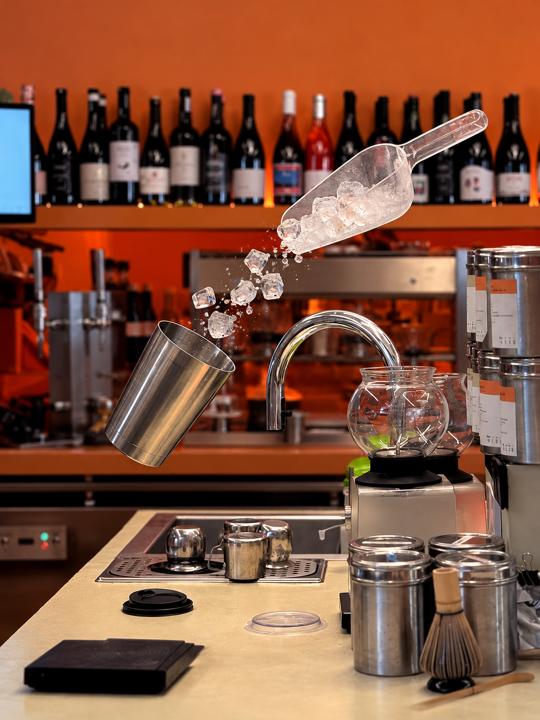A person wearing an apron is adding some ice cubes  to a cocktail shaker