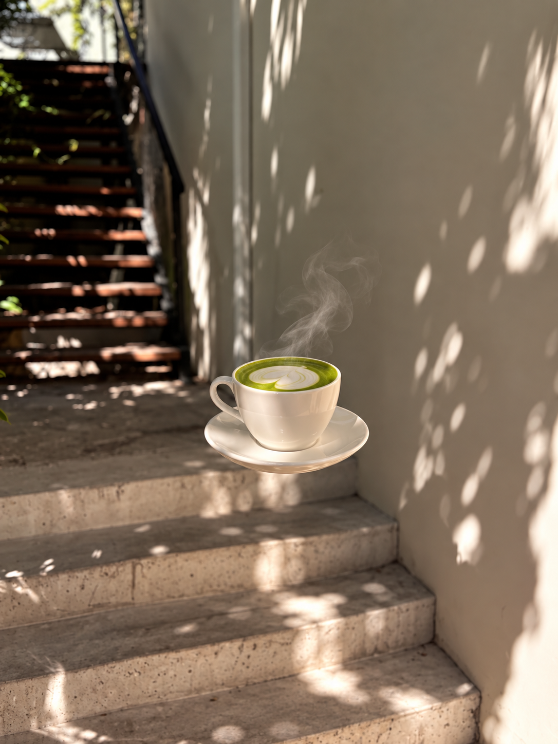 A person with an apron showing a cup with a matcha latte with a heart made of foam